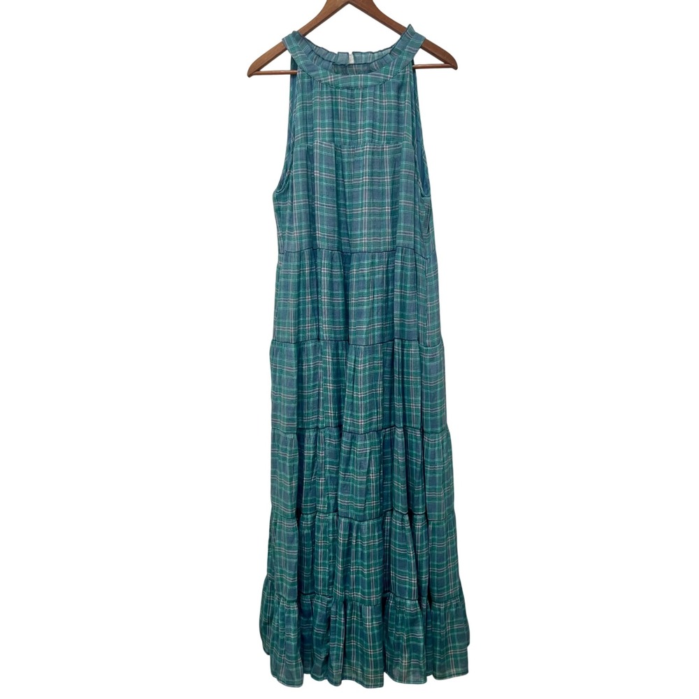 Torrid Green Blue Plaid Tiered Sleeveless Maxi Dress with Pockets Size 1 Cottage